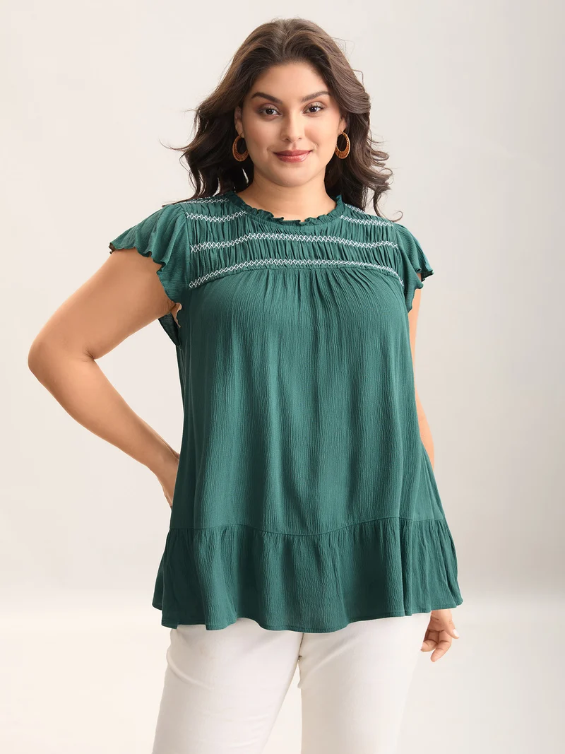Rayon Shirred Neck Flutter Sleeve Tiered Blouse