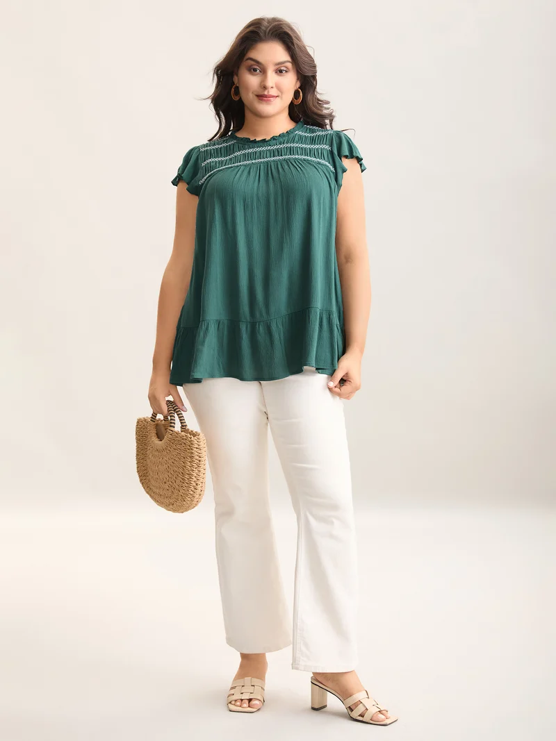 Rayon Shirred Neck Flutter Sleeve Tiered Blouse