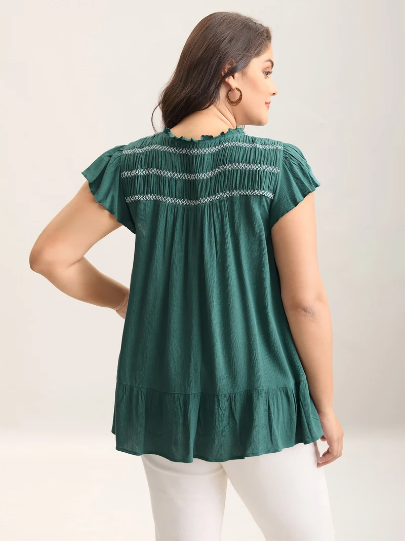 Rayon Shirred Neck Flutter Sleeve Tiered Blouse