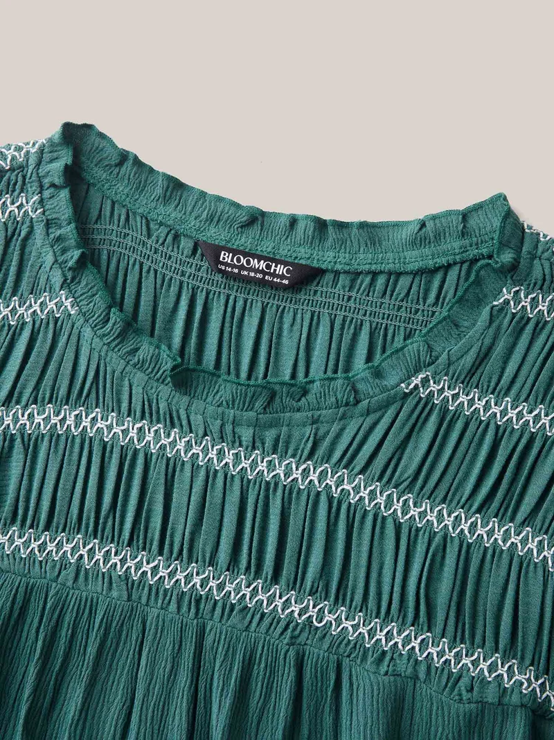 Rayon Shirred Neck Flutter Sleeve Tiered Blouse