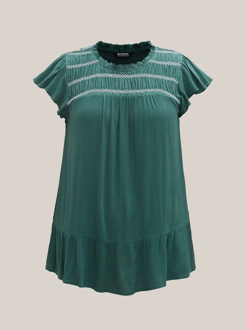 Rayon Shirred Neck Flutter Sleeve Tiered Blouse