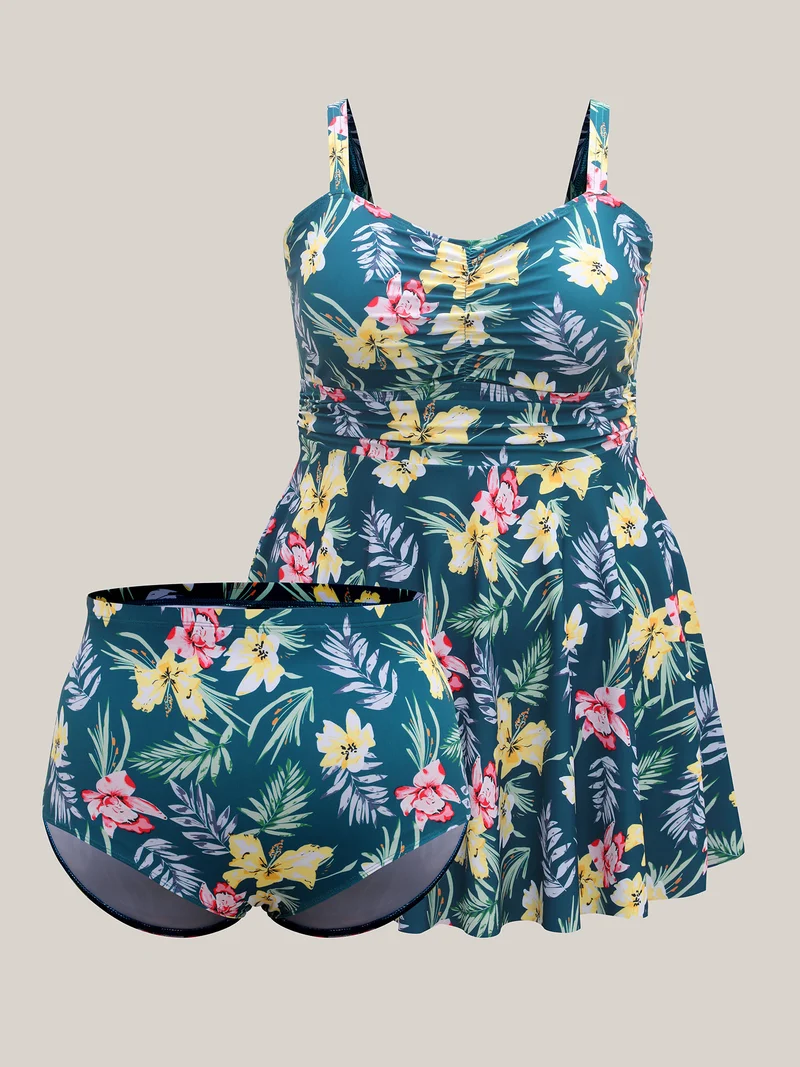 Tropical Floral Print Twist Front Swim Dress