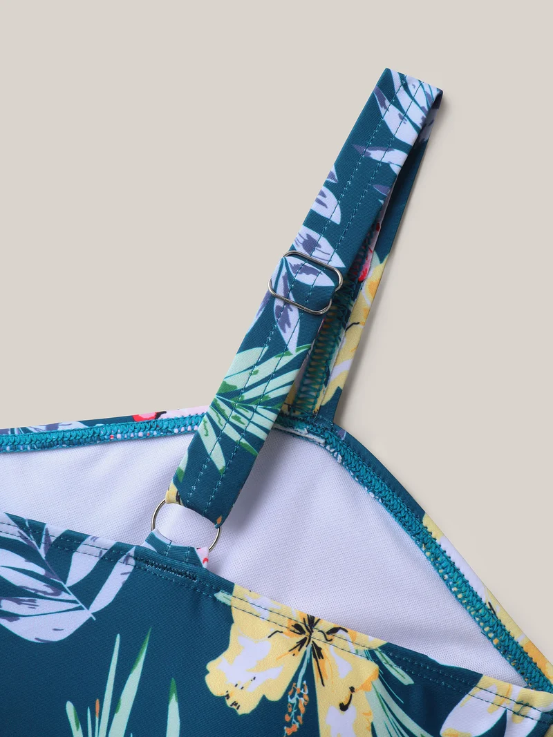 Tropical Floral Print Twist Front Swim Dress