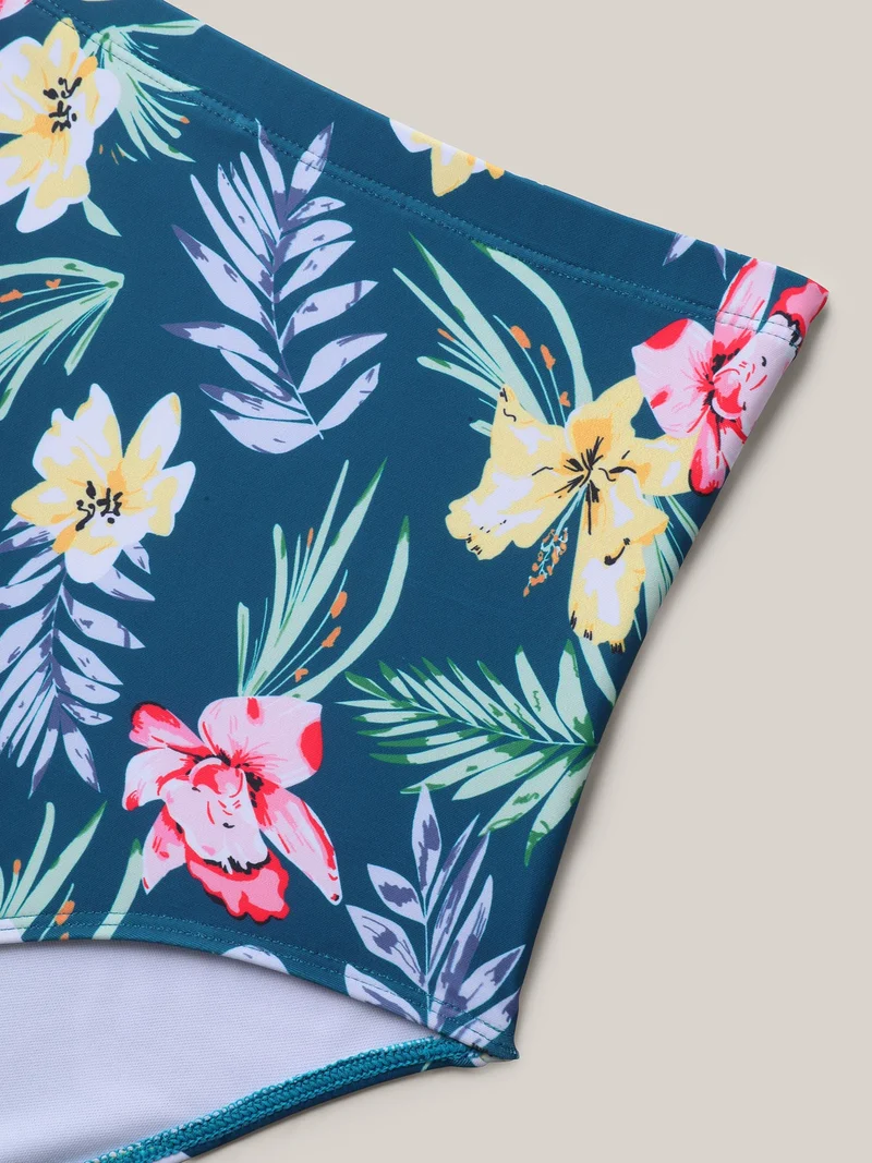 Tropical Floral Print Twist Front Swim Dress
