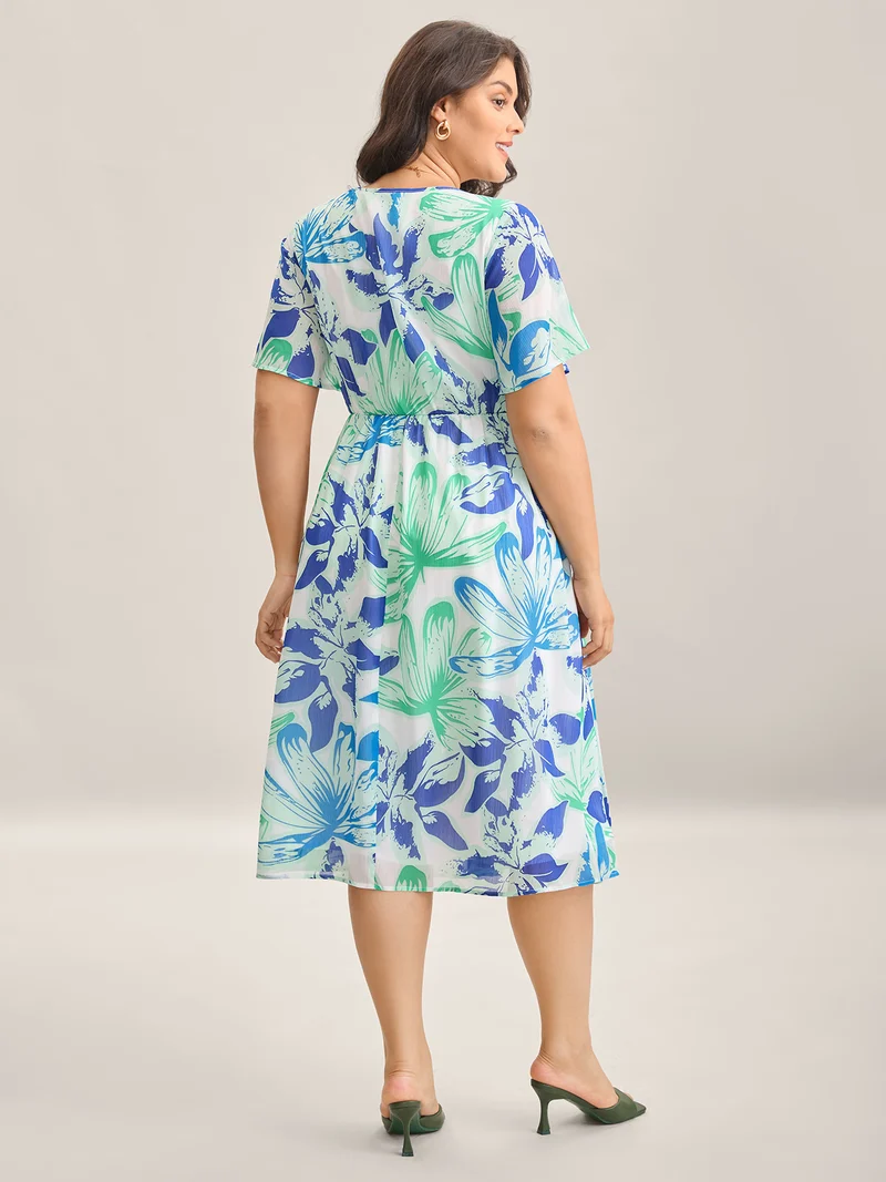 Chiffon Floral Neck Tie Lined Midi Dress