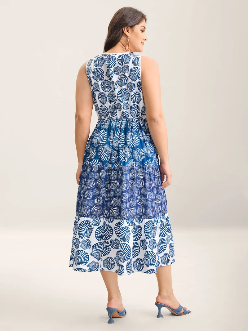 Shell Print Lace Trim Pockets Maxi Dress