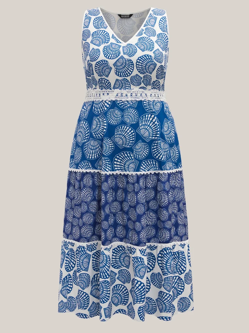 Shell Print Lace Trim Pockets Maxi Dress