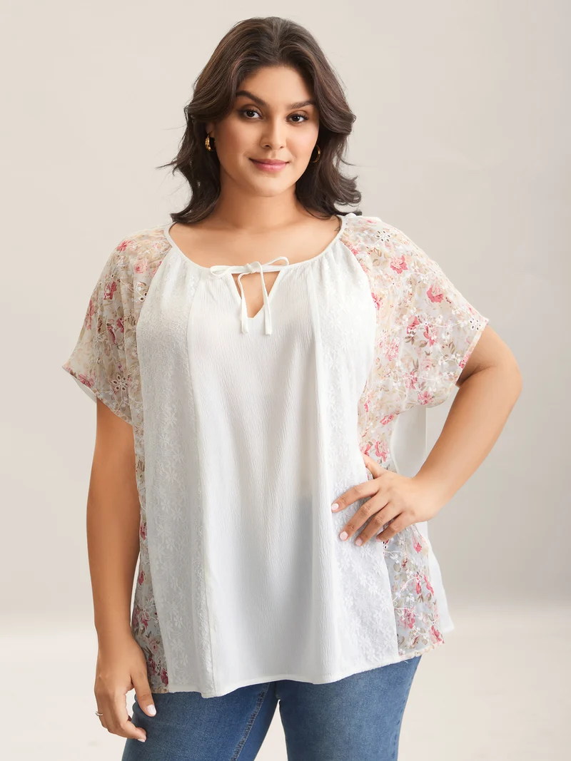 Floral Print Panel Sheer Keyhole Blouse