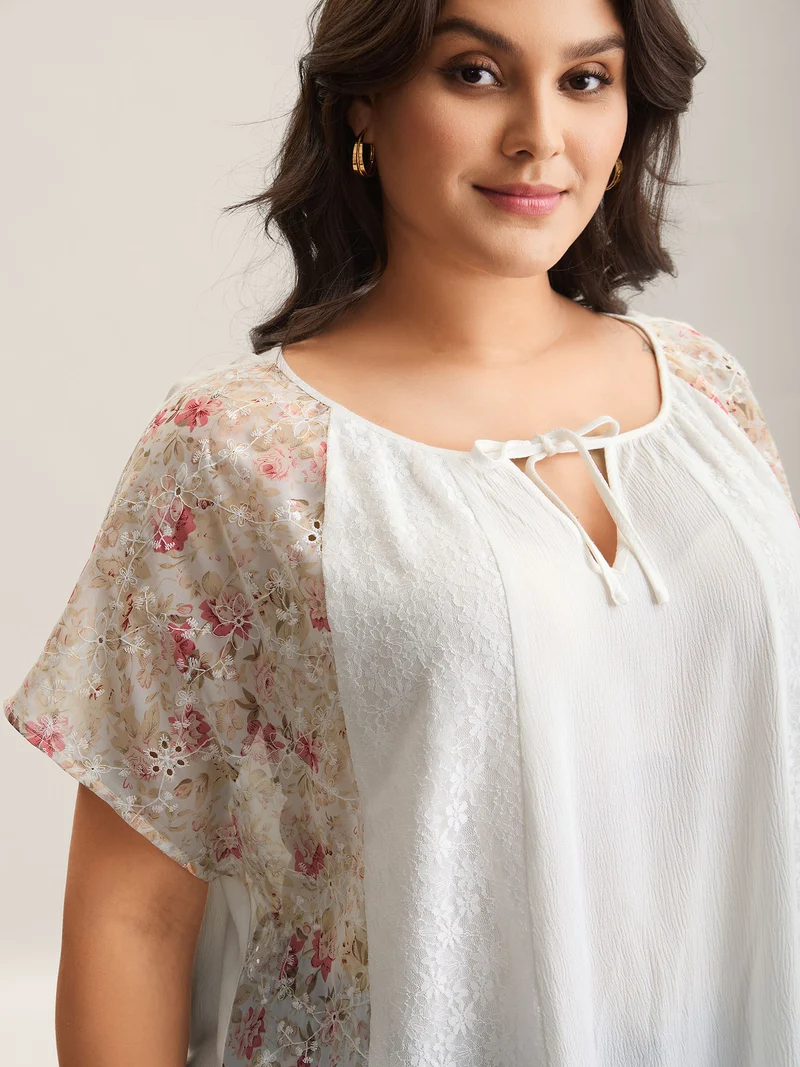 Floral Print Panel Sheer Keyhole Blouse