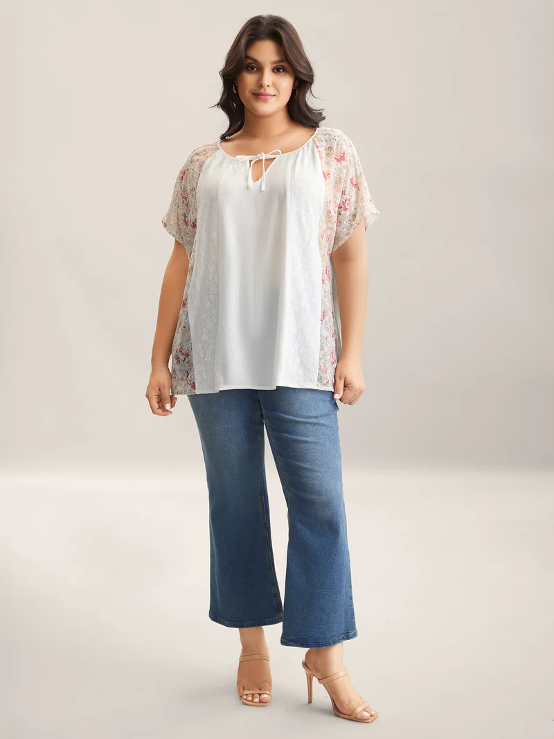 Floral Print Panel Sheer Keyhole Blouse