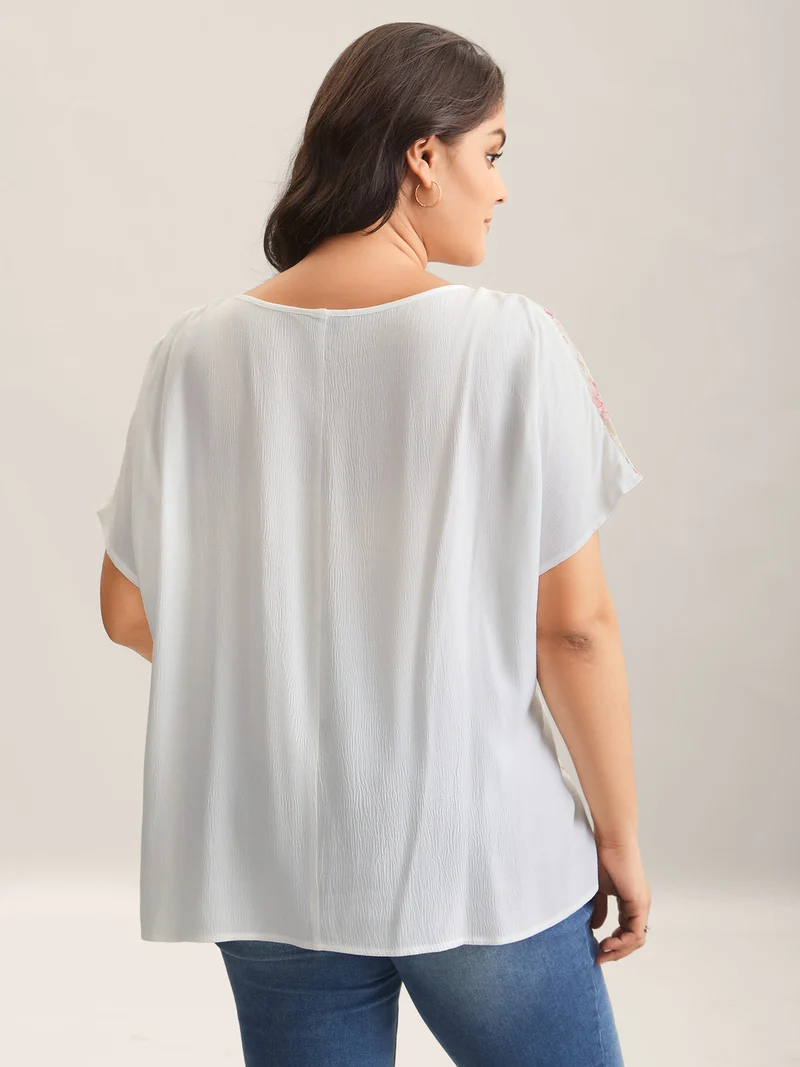 Floral Print Panel Sheer Keyhole Blouse