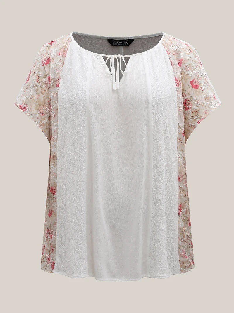 Floral Print Panel Sheer Keyhole Blouse
