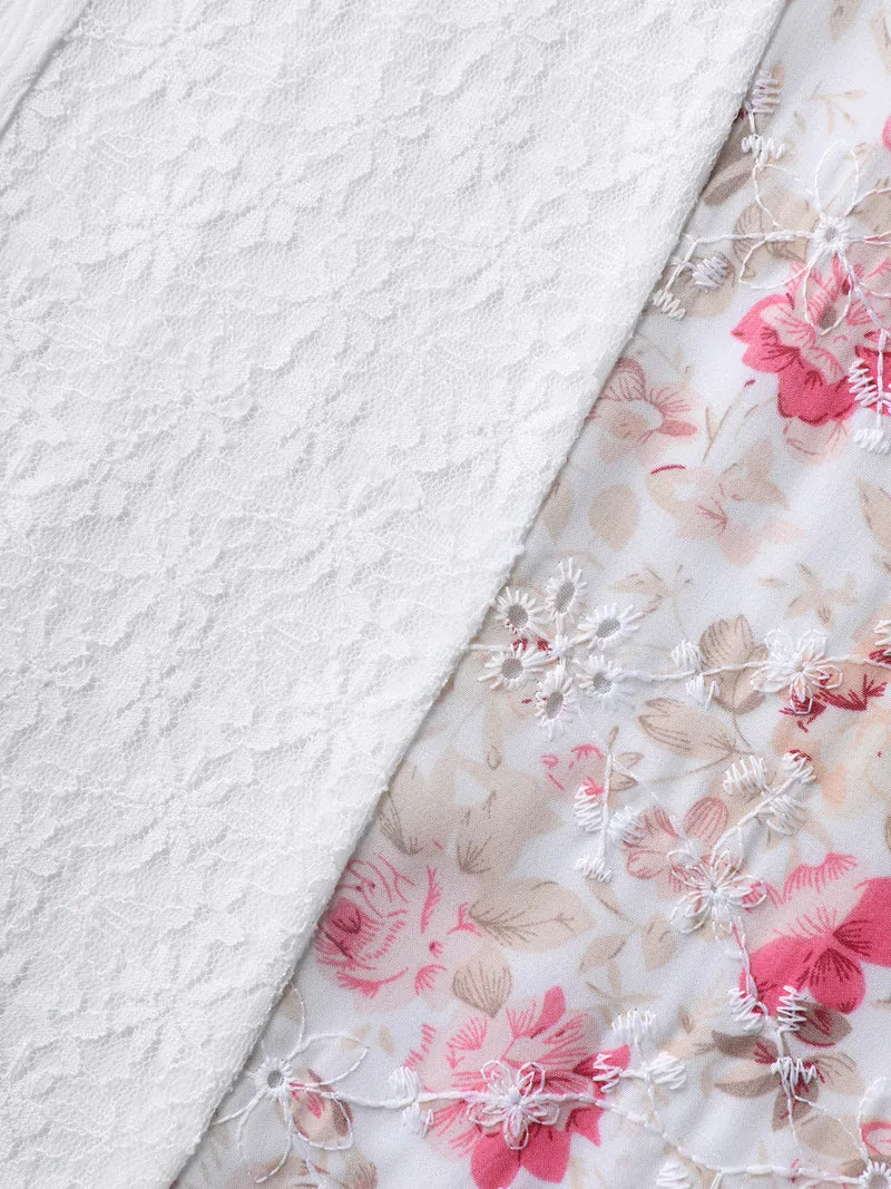 Floral Print Panel Sheer Keyhole Blouse