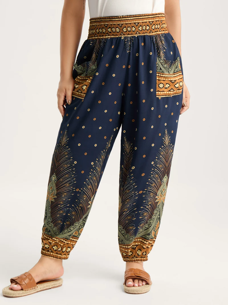 Peacock Print Shirred Jogger Pants