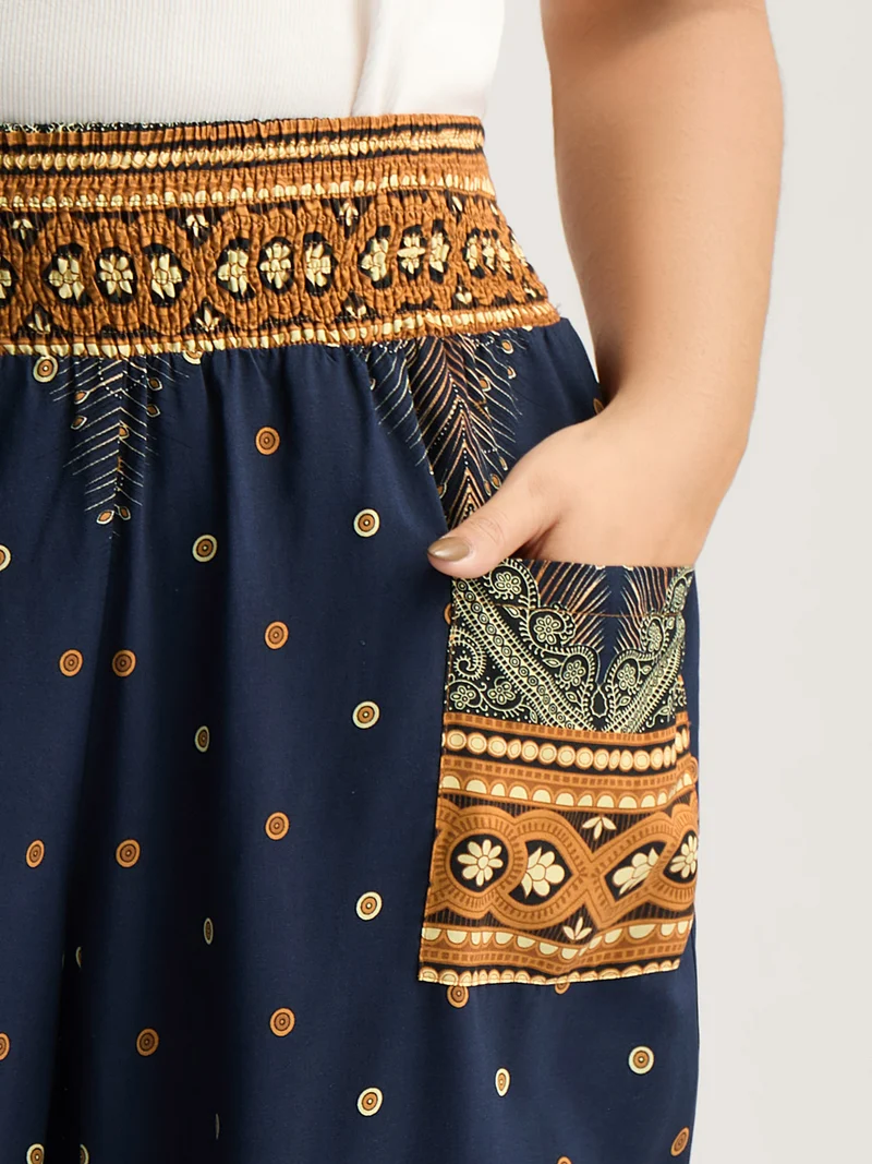 Peacock Print Shirred Jogger Pants