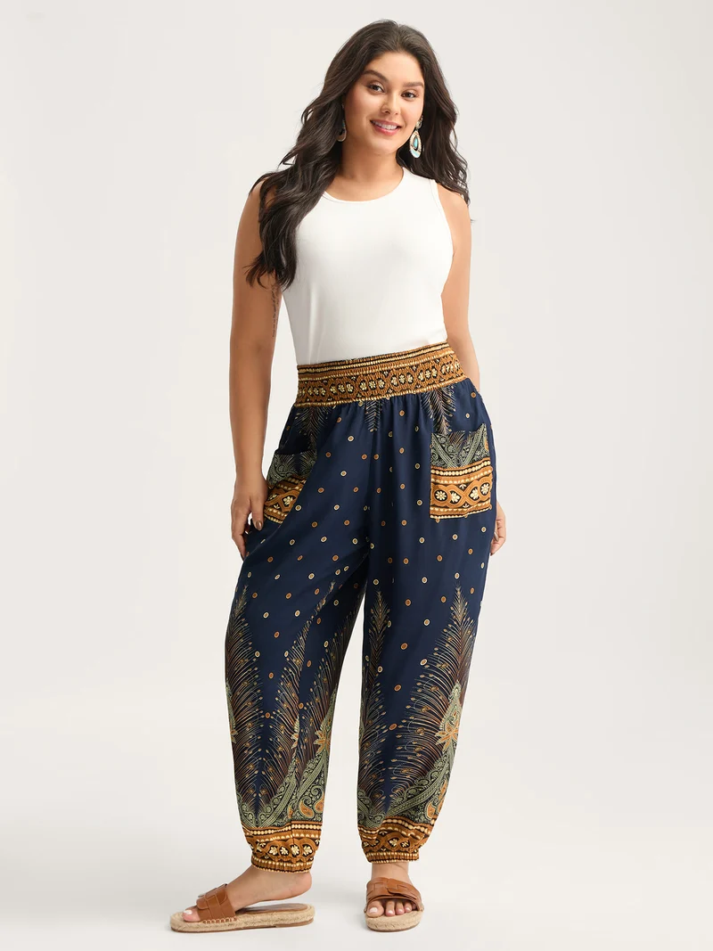 Peacock Print Shirred Jogger Pants