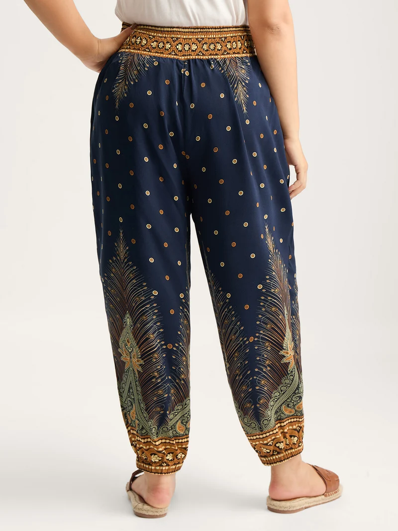 Peacock Print Shirred Jogger Pants