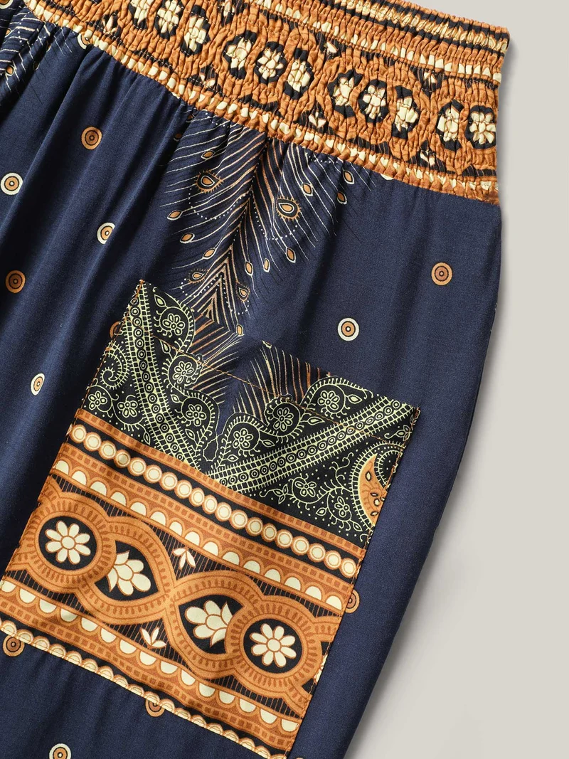 Peacock Print Shirred Jogger Pants