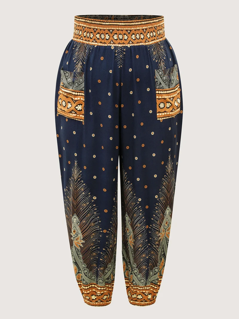 Peacock Print Shirred Jogger Pants