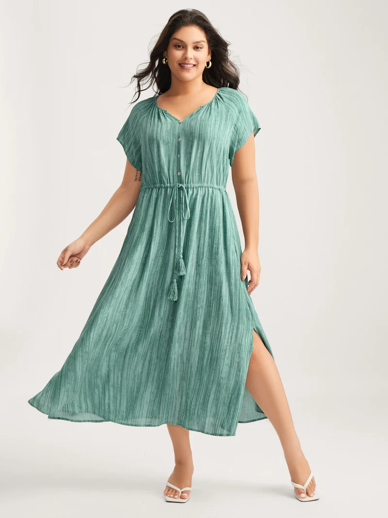 Linen Rayon Blend Tassels Textured Maxi Dress