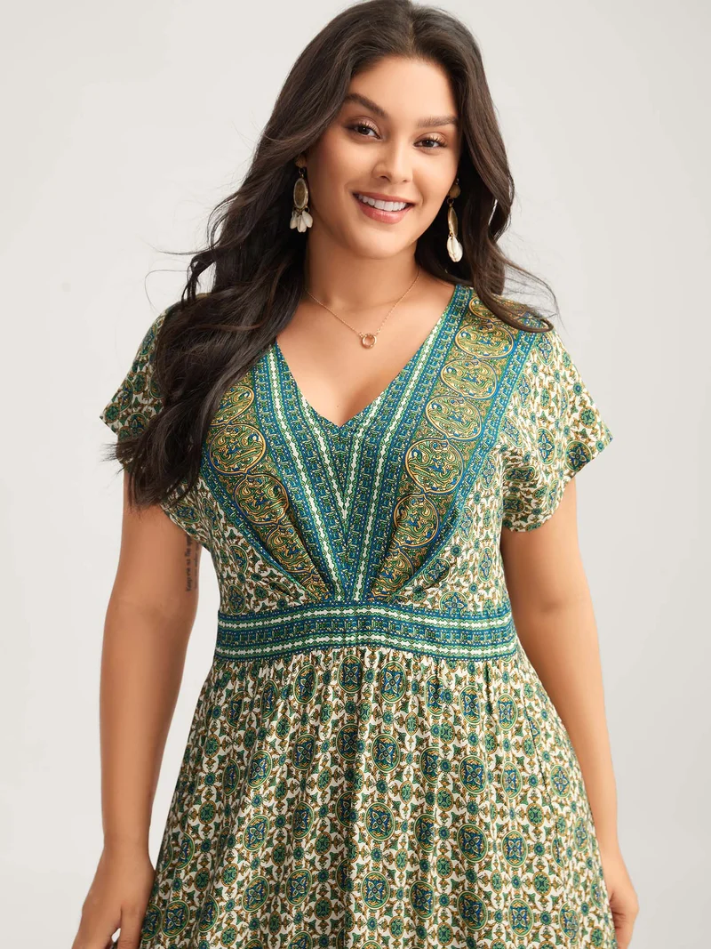 Rayon Floral Boho Print Pockets Midi Dress