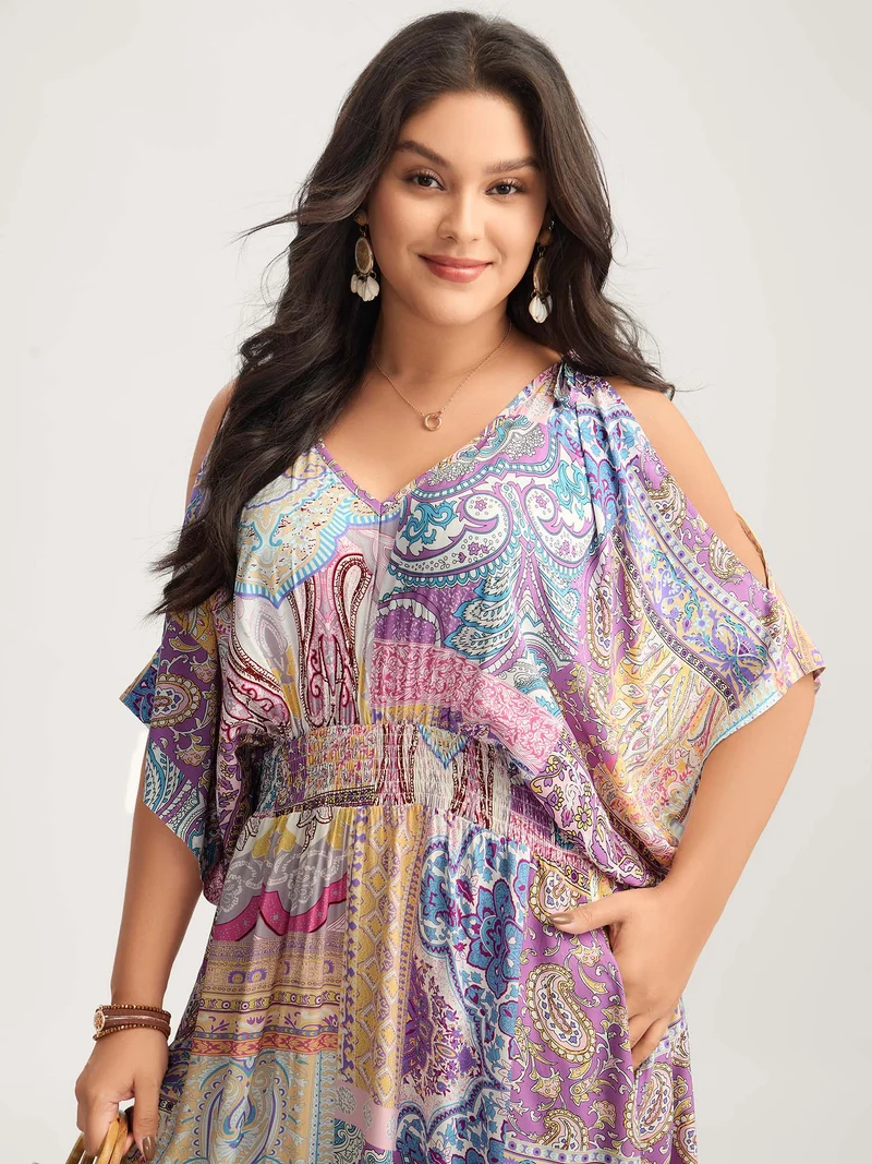 Boho Collage Off-Shoulder Maxi Dress