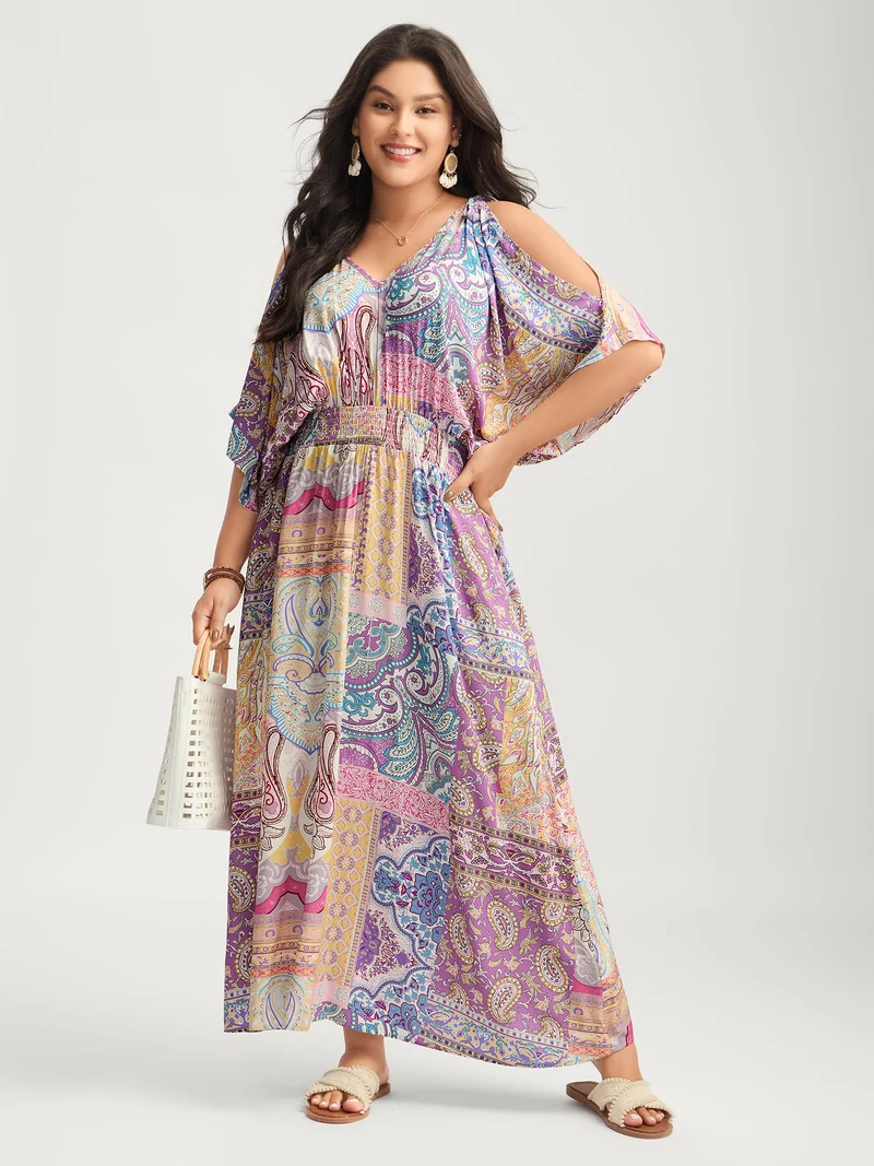Boho Collage Off-Shoulder Maxi Dress