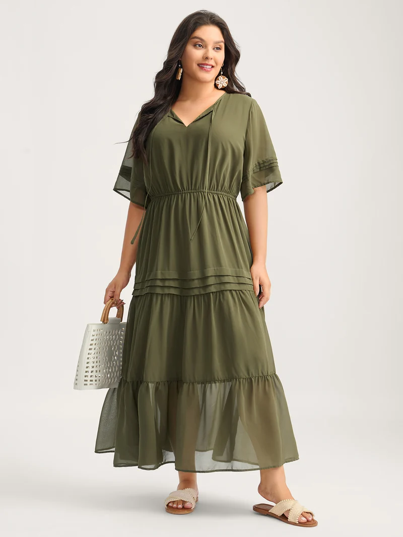 Pleated Neck-Tie Tiered Solid Midi Dress