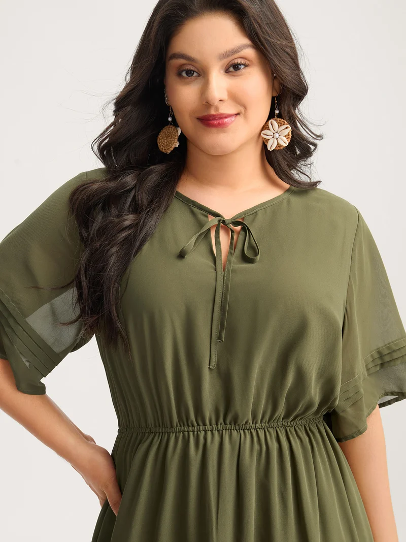 Pleated Neck-Tie Tiered Solid Midi Dress