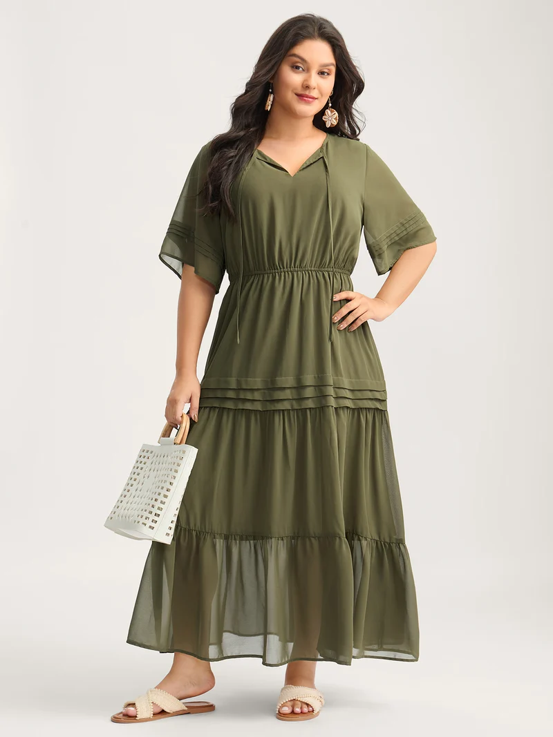 Pleated Neck-Tie Tiered Solid Midi Dress