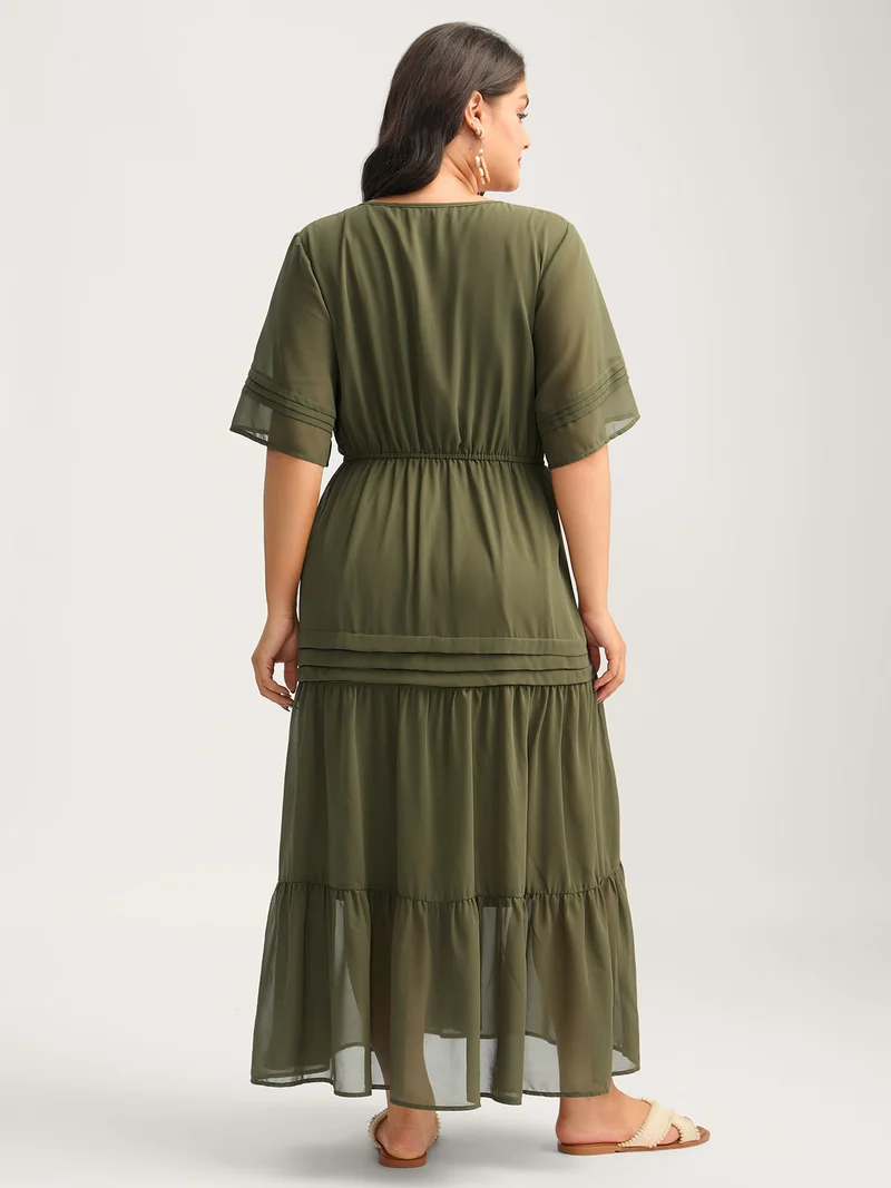 Pleated Neck-Tie Tiered Solid Midi Dress