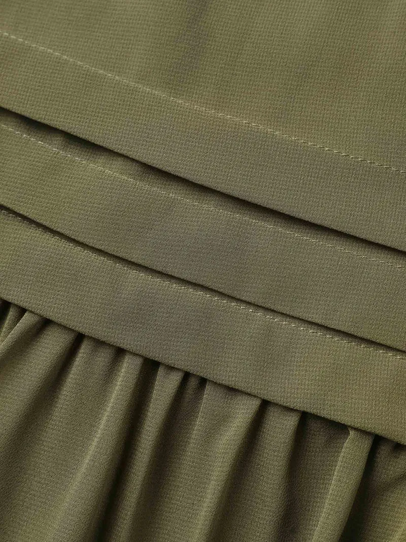 Pleated Neck-Tie Tiered Solid Midi Dress