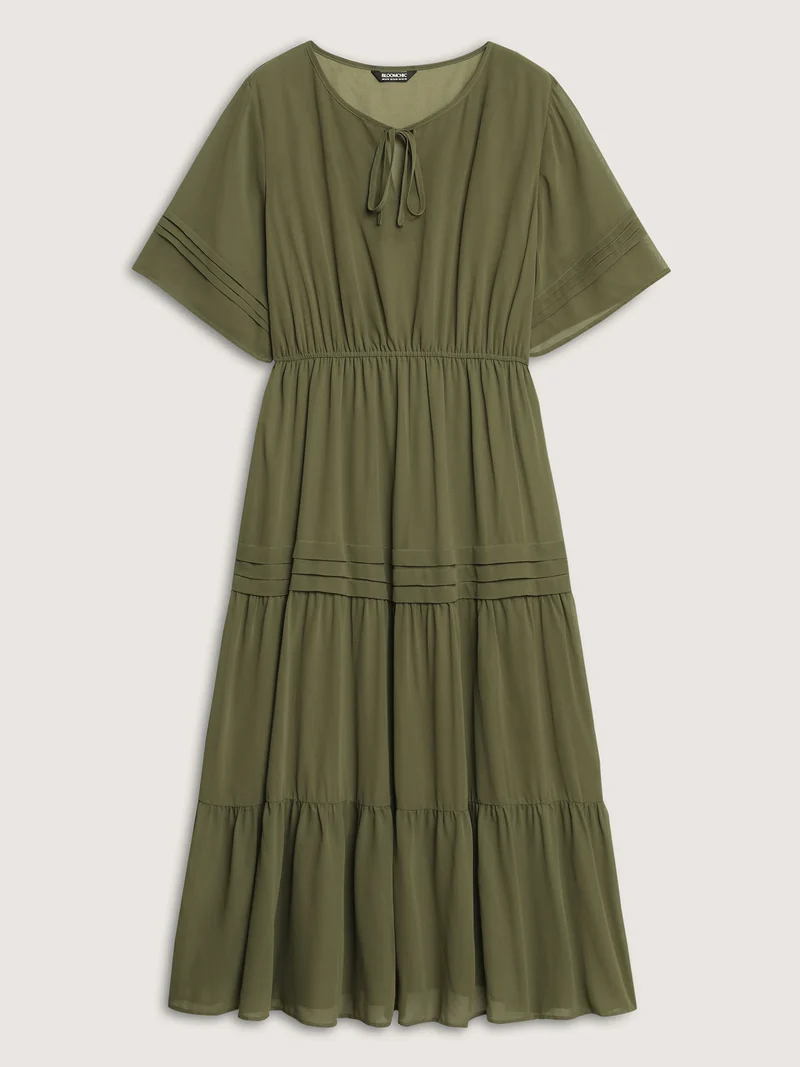 Pleated Neck-Tie Tiered Solid Midi Dress