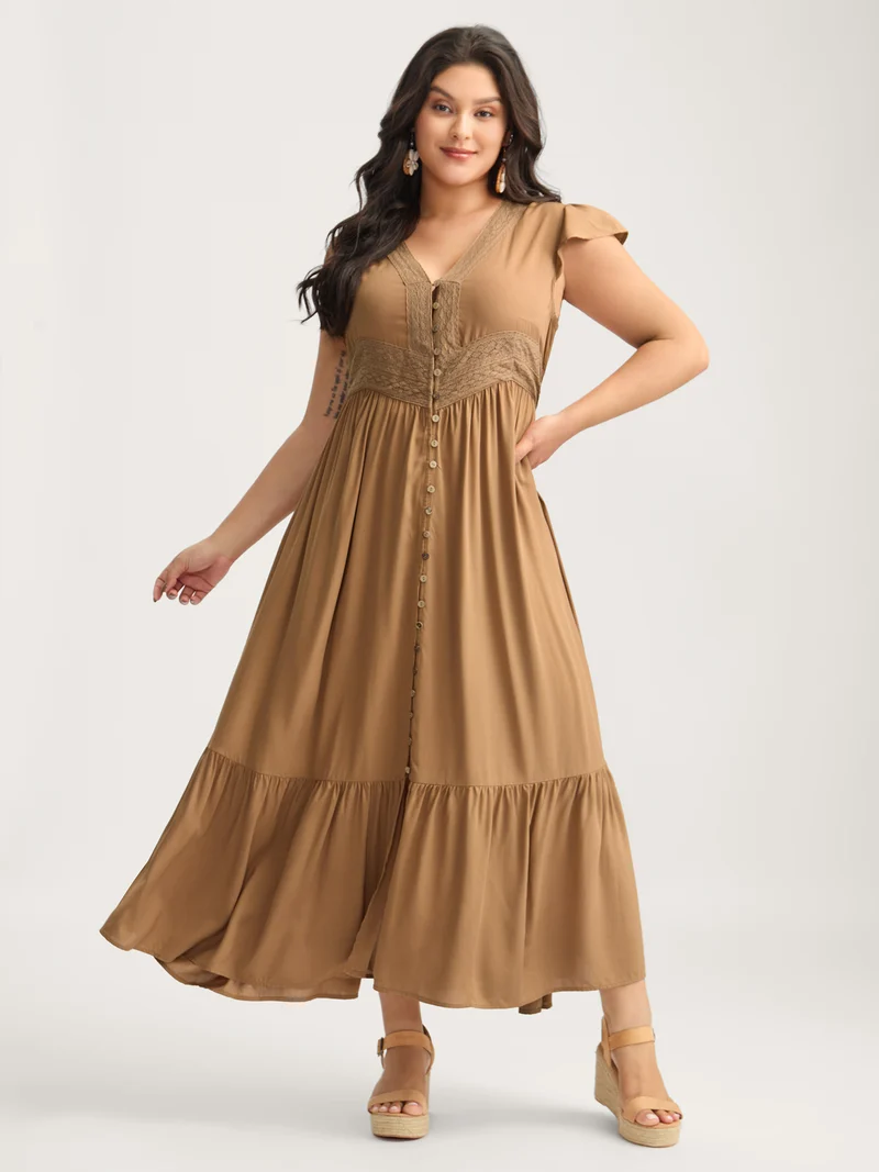Rayon Lace Trim Button Placket Flutter Maxi Dress