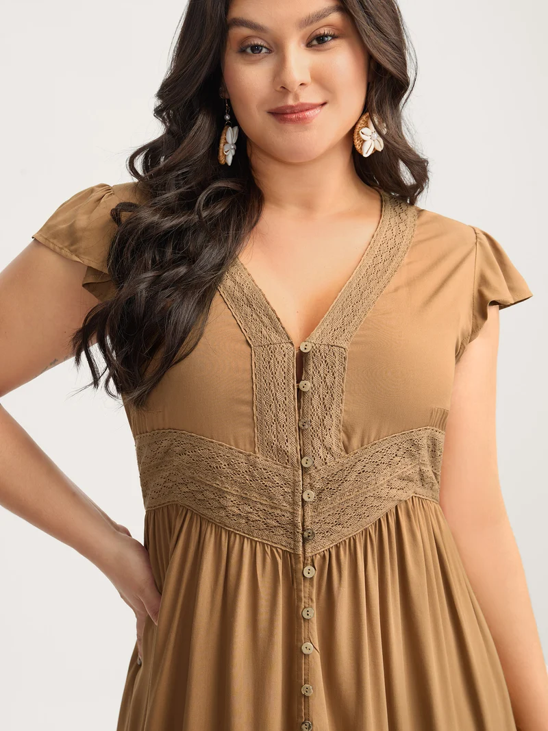 Rayon Lace Trim Button Placket Flutter Maxi Dress