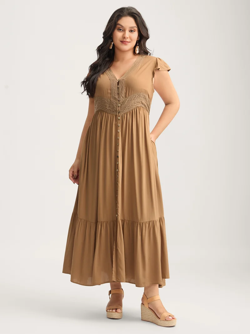 Rayon Lace Trim Button Placket Flutter Maxi Dress