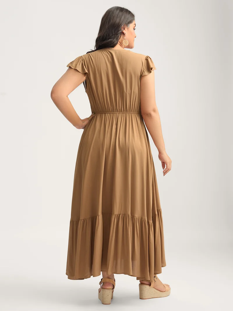 Rayon Lace Trim Button Placket Flutter Maxi Dress