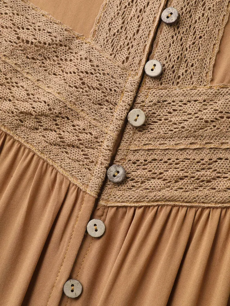 Rayon Lace Trim Button Placket Flutter Maxi Dress