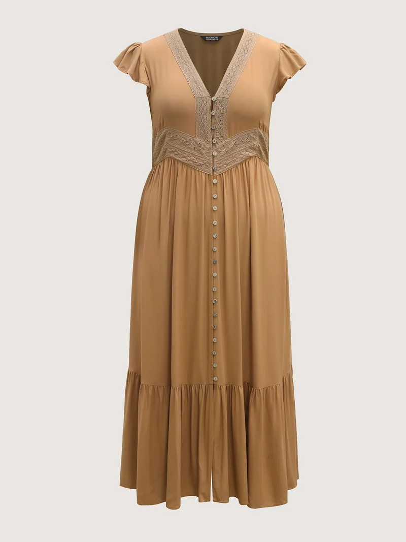 Rayon Lace Trim Button Placket Flutter Maxi Dress