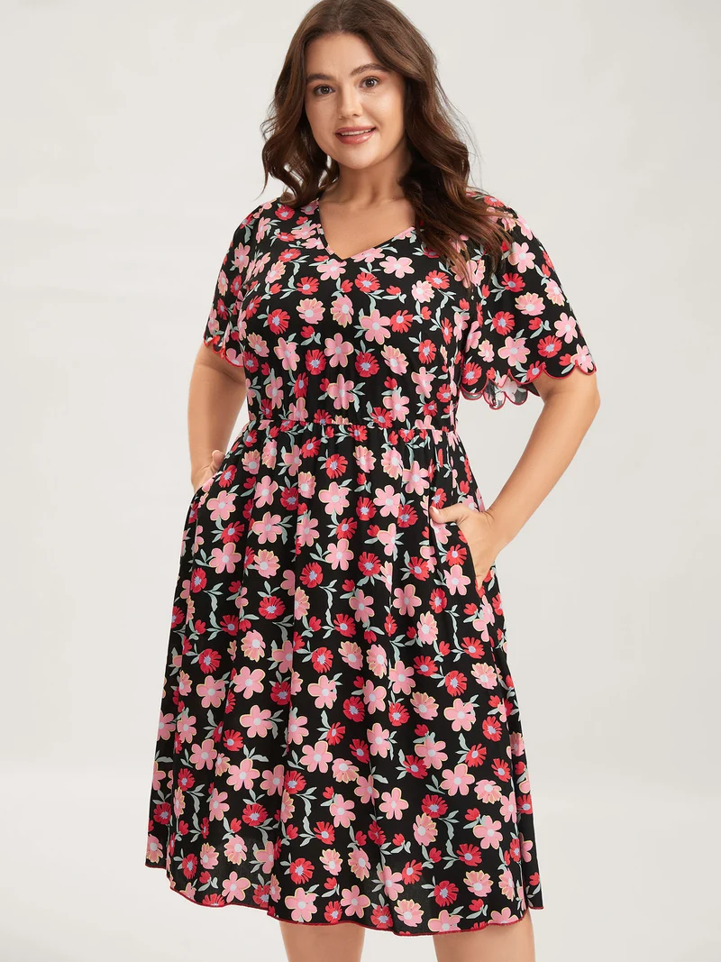 Floral Radiance Flared Scalloped Sleeve Midi Dress
