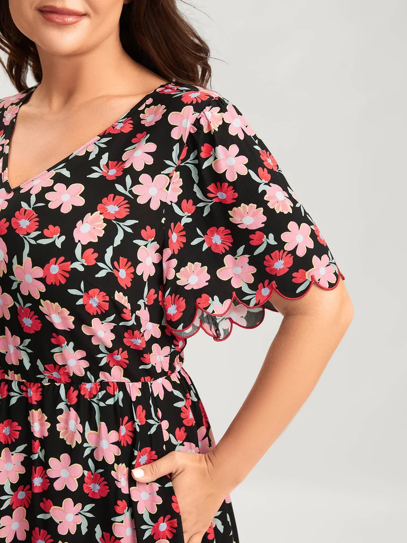 Floral Radiance Flared Scalloped Sleeve Midi Dress