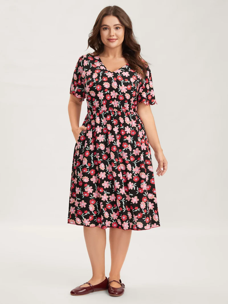Floral Radiance Flared Scalloped Sleeve Midi Dress