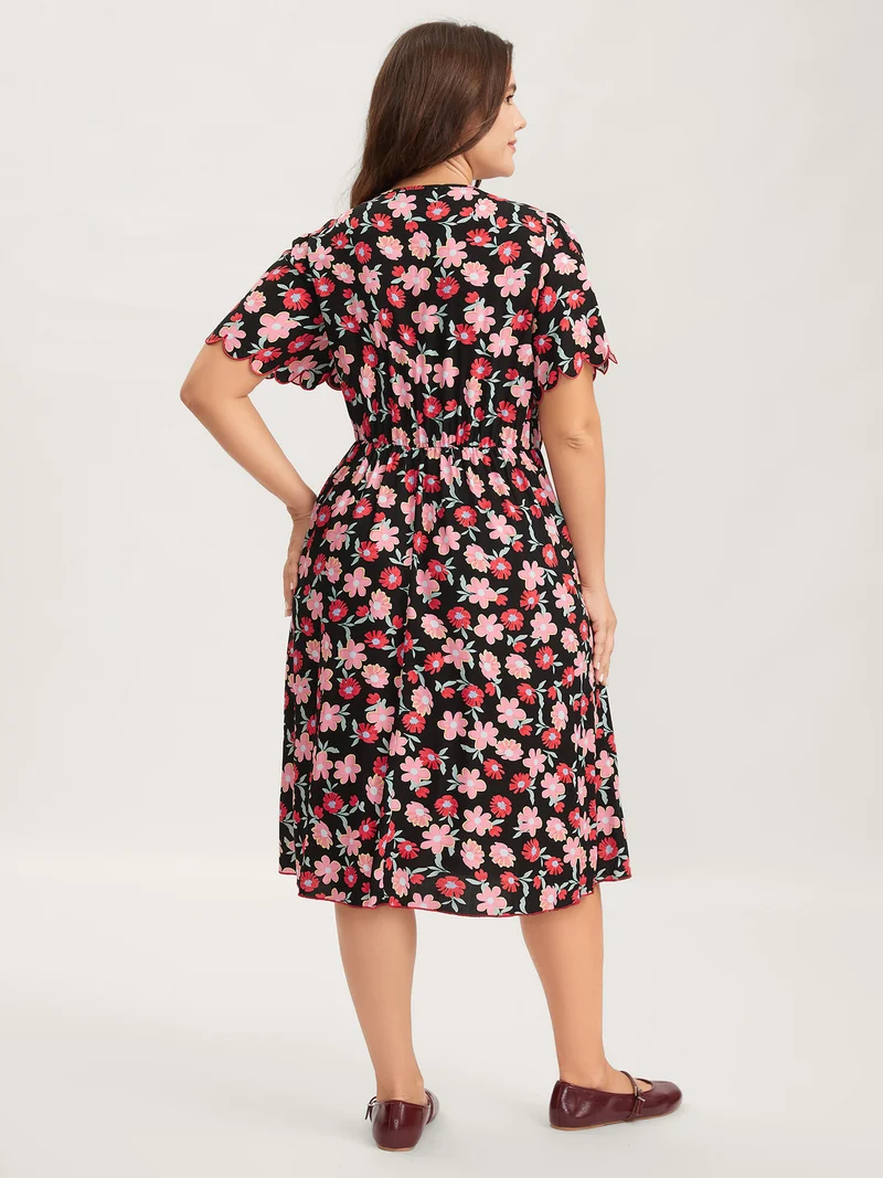 Floral Radiance Flared Scalloped Sleeve Midi Dress