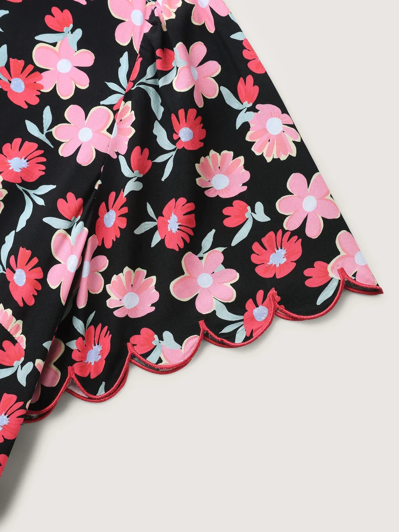 Floral Radiance Flared Scalloped Sleeve Midi Dress
