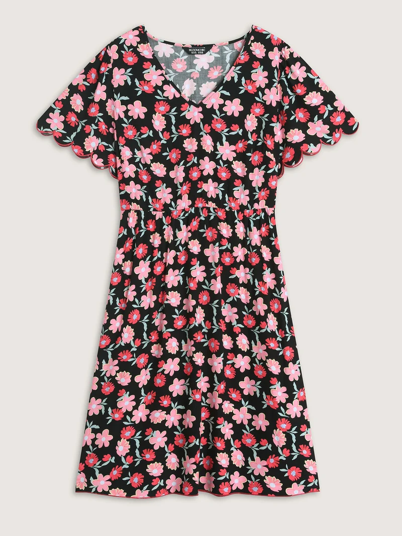 Floral Radiance Flared Scalloped Sleeve Midi Dress