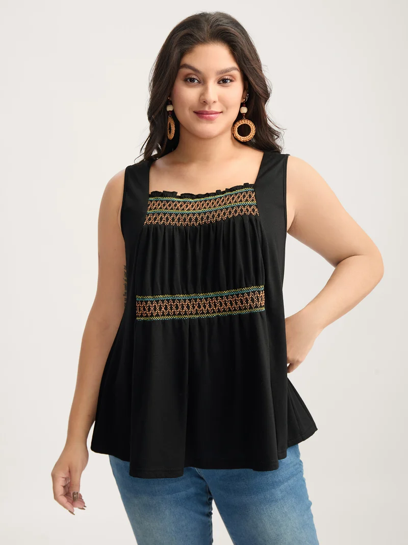 Colorful Shirred Detail Offsleeves Tank Top