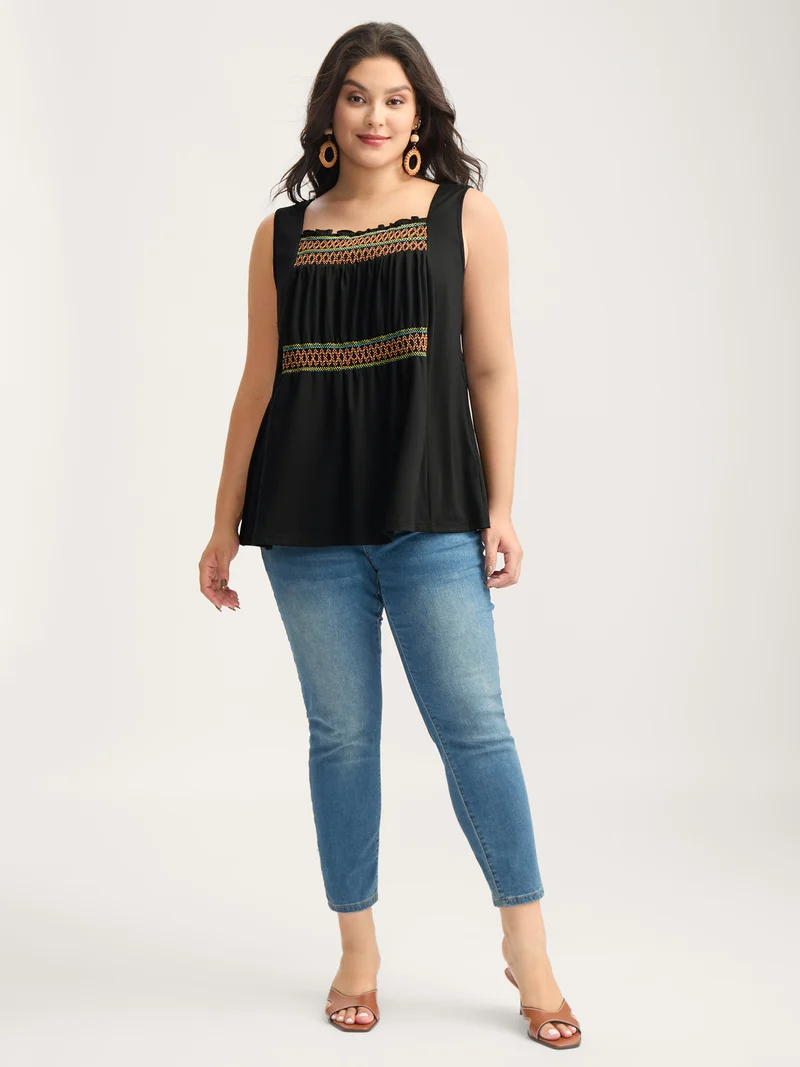 Colorful Shirred Detail Offsleeves Tank Top