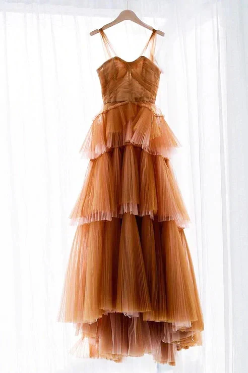 Robe de soirée longue élégante couleur café à col en cœur