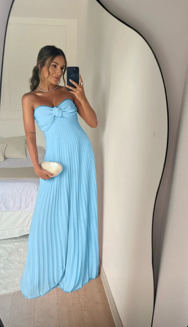 Robe de bal longue bustier trapèze plissée rose