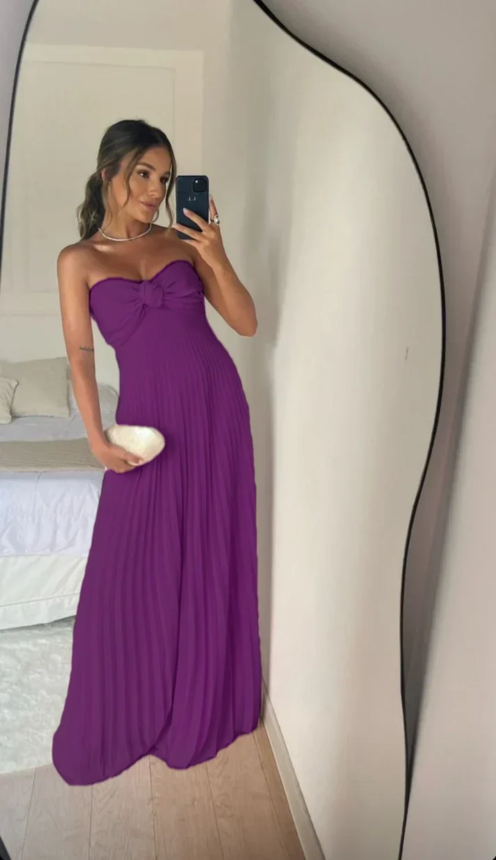 Robe de bal longue bustier trapèze plissée rose